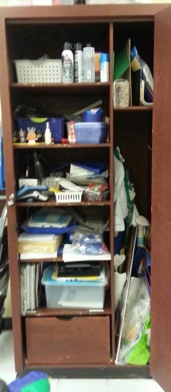classroom closet before organizing