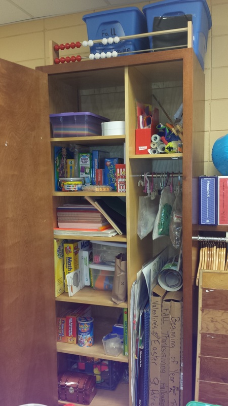 classroom closet after organzing