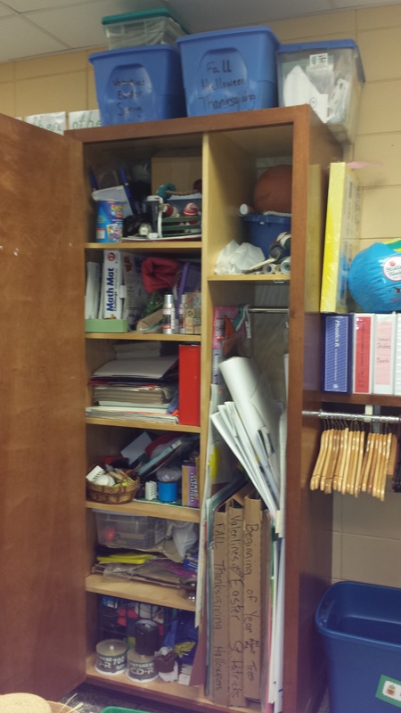 classroom closet before organzing